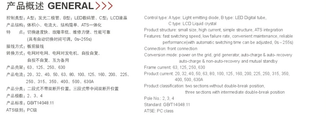 Light Emitting Diode Control 2 Sections Automatic Change Over Switch (Q8-250IIA/3P)